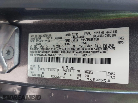 2013 Ford Escape Titanium with VIN 1FMCU0J9XDUC16155, listed as a IAAI auction lot 42373566 with 132,608 mi miles and . Bid and sale history available at DreamBid. Image 9.