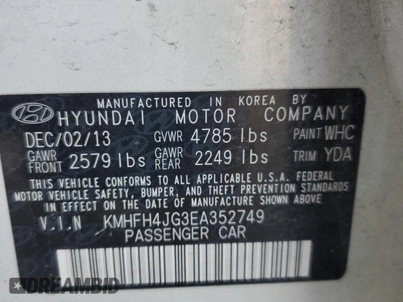 2014 Hyundai Azera Limited z VIN KMHFH4JG3EA352749, wystawiony jako Copart lot #55457525 z przebiegiem Nie podano mil oraz Szkoda całkowita • Salvage title. Historia ofert i sprzedaży dostępna na DreamBid. Obrazek 12.