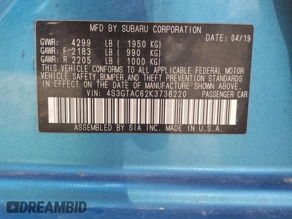 2019 Subaru Impreza Premium with VIN 4S3GTAC62K3738220, listed as a Copart auction lot 59124865 with 94,622 mi miles and Salvage title. Bid and sale history available at DreamBid. Image 13.