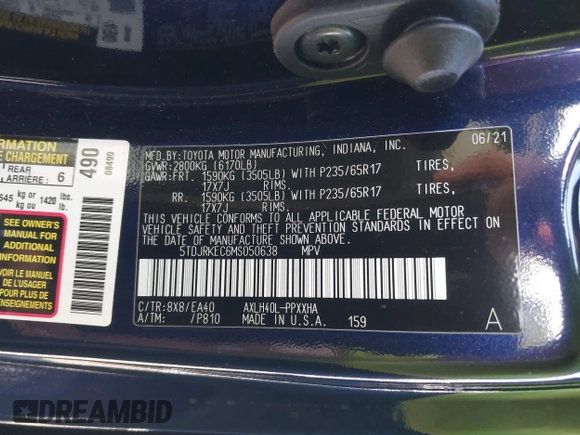 2021 Toyota Sienna XLE with VIN 5TDJRKEC6MS050638, listed as a IAAI auction lot 40875583 with 22,602 mi miles and . Bid and sale history available at DreamBid. Image 9.