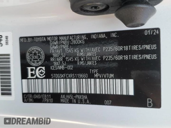 2024 Toyota Sienna LE with VIN 5TDGSKFCXRS119660, listed as a Copart auction lot 48903225 with 11,645 mi miles and Salvage Title. Bid and sale history available at carsss.com. Image 14.