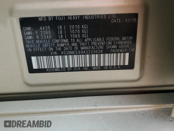 2010 Subaru Legacy Premium с VIN 4S3BMCE69A3233628, выставлен на аукционе Copart как лот 75176344 с пробегом Не указан миль и Списание • Salvage title. История ставок и продаж доступна на DreamBid. Изображение 13.