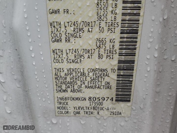 2016 Nissan NV S with VIN 1N6BF0KMXGN805974, listed as a Copart auction lot 37451384 with 66,639 mi miles and Salvage Title. Bid and sale history available at carsss.com. Image 13.