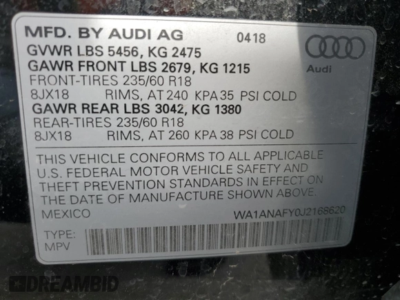 2018 Audi Q5 Premium z VIN WA1ANAFY0J2168620, wystawiony jako Copart lot #55972705 z przebiegiem 83 185 mil mil oraz Szkoda całkowita • Salvage title. Historia ofert i sprzedaży dostępna na DreamBid. Obrazek 14.