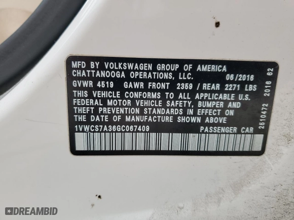 2016 Volkswagen Passat 1.8T SEL Premium with VIN 1VWCS7A36GC067409, listed as a Copart auction lot 44623395 with 125,139 mi miles and Salvage Title. Bid and sale history available at carsss.com. Image 12.