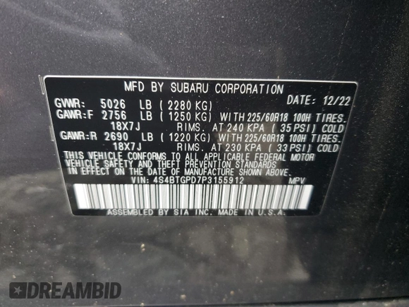 2023 Subaru Outback Touring XT with VIN 4S4BTGPD7P3155912, listed as a Copart auction lot 56195525 with 6,590 mi miles and Salvage title. Bid and sale history available at DreamBid. Image 13.
