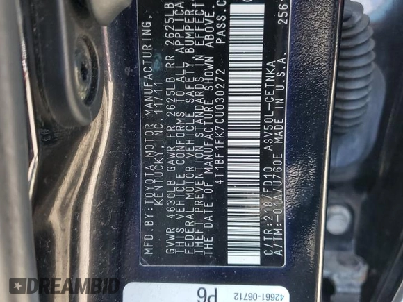 2012 Toyota Camry L with VIN 4T1BF1FK7CU030272, listed as a Copart auction lot 51436215 with 58,884 mi miles and Clean Title. Bid and sale history available at carsss.com. Image 13.