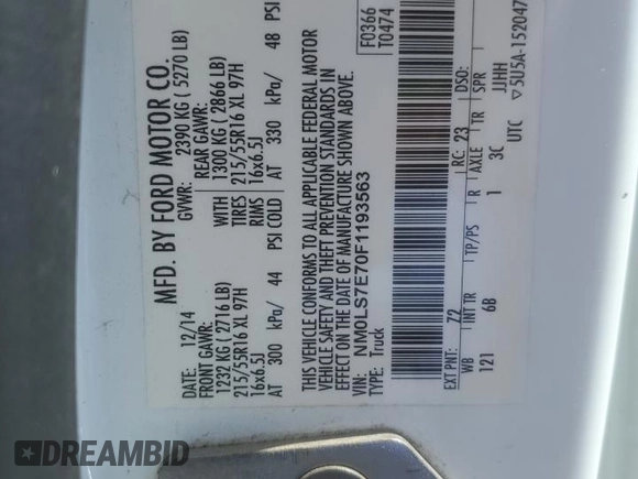 2015 Ford Transit Connect XL с VIN NM0LS7E70F1193563, выставлен на аукционе Copart как лот 51292815 с пробегом 190 363 миль миль и Списание • Salvage title. История ставок и продаж доступна на DreamBid. Изображение 13.