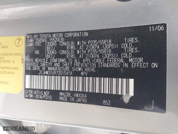 2007 Lexus RX 400h with VIN JTJHW31U972015418, listed as a IAAI auction lot 41973948 with 251,031 mi miles. Bid and sale history available at carsss.com. Image 9.