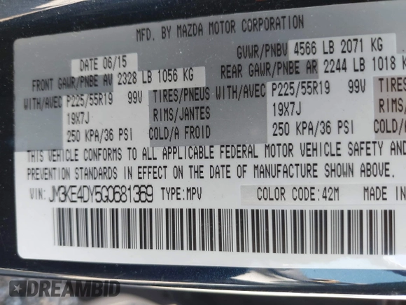 2016 Mazda CX-5 Grand Touring with VIN JM3KE4DY5G0681369, listed as a IAAI auction lot 42102805 with 128,182 mi miles and . Bid and sale history available at DreamBid. Image 9.