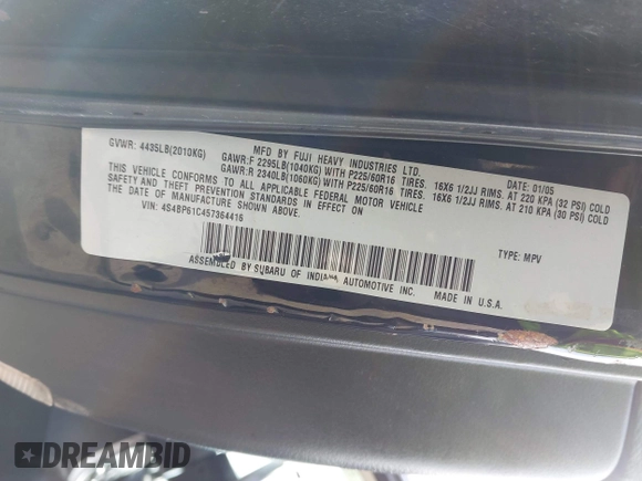 2005 Subaru Legacy Outback z VIN 4S4BP61C457364416, wystawiony jako IAAI lot #42150572 z przebiegiem 185 980 mil mil oraz . Historia ofert i sprzedaży dostępna na DreamBid. Obrazek 9.