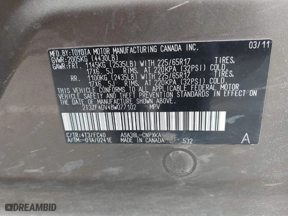 2011 Toyota RAV4 with VIN 2T3ZF4DV4BW077102, listed as a IAAI auction lot 41879383 with 195,208 mi miles. Bid and sale history available at carsss.com. Image 9.