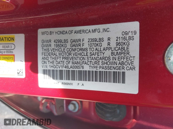 2020 Honda Accord EX with VIN 1HGCV1F46LA006576, listed as a IAAI auction lot 42132593 with 65,840 mi miles and . Bid and sale history available at DreamBid. Image 9.