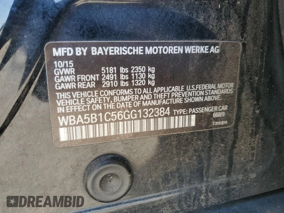 2016 BMW 5 Series 535i with VIN WBA5B1C56GG132384, listed as a Copart auction lot 50679735 with 169,967 mi miles and Clean Title. Bid and sale history available at DreamBid. Image 12.