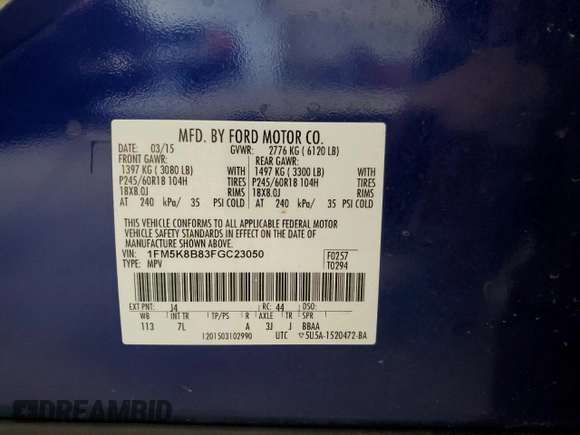 2015 Ford Explorer with VIN 1FM5K8B83FGC23050, listed as a Copart auction lot 63277175 with 153,928 mi miles and Non repairable. Bid and sale history available at DreamBid. Image 13.