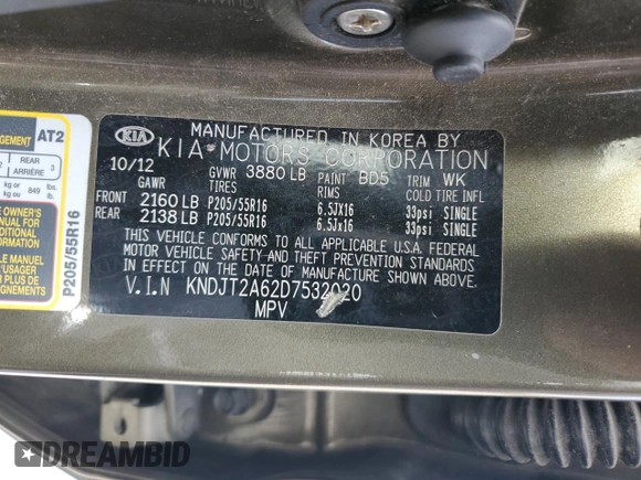 2013 Kia Soul + z VIN KNDJT2A62D7532020, wystawiony jako Copart lot #55184065 z przebiegiem 177 074 mil mil oraz Szkoda całkowita • Salvage title. Historia ofert i sprzedaży dostępna na DreamBid. Obrazek 13.