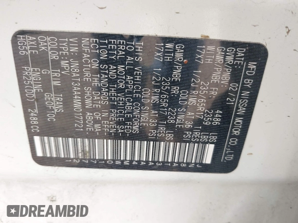 2021 Nissan Rogue S z VIN JN8AT3AA4MW017721, wystawiony jako IAAI lot #41916875 z przebiegiem 77 212 mil mil oraz . Historia ofert i sprzedaży dostępna na DreamBid. Obrazek 9.