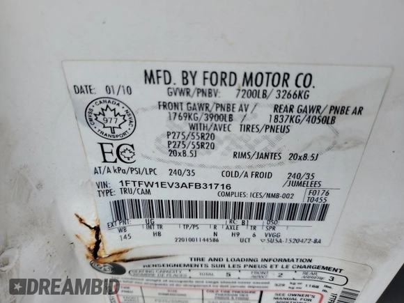 2010 Ford F-150 XL with VIN 1FTFW1EV3AFB31716, listed as a Copart auction lot 61506375 with 286,144 mi miles and Clean title. Bid and sale history available at DreamBid. Image 12.