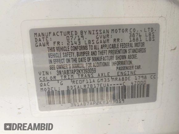 2019 Nissan Sentra SV z VIN 3N1AB7AP2KY393059, wystawiony jako IAAI lot #41968963 z przebiegiem 96 517 mil mil oraz . Historia ofert i sprzedaży dostępna na DreamBid. Obrazek 9.