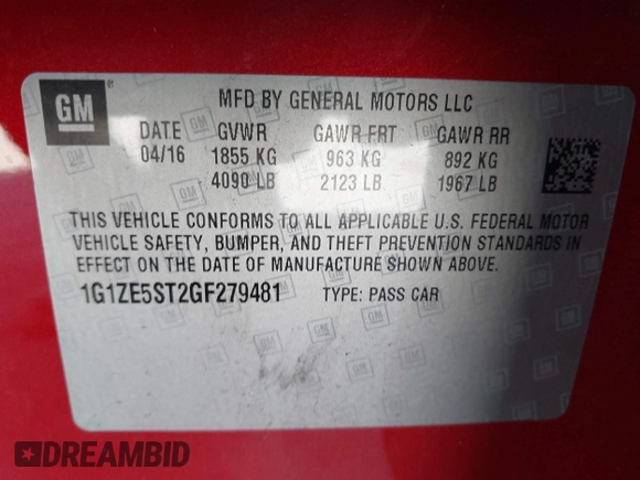 2016 Chevrolet Malibu LT with VIN 1G1ZE5ST2GF279481, listed as a IAAI auction lot 41823038 with 97,753 mi miles and . Bid and sale history available at DreamBid. Image 9.