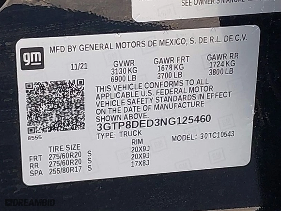 2022 GMC Sierra 1500 Limited SLT with VIN 3GTP8DED3NG125460, listed as a IAAI auction lot 42027875 with 44,123 mi miles. Bid and sale history available at carsss.com. Image 9.