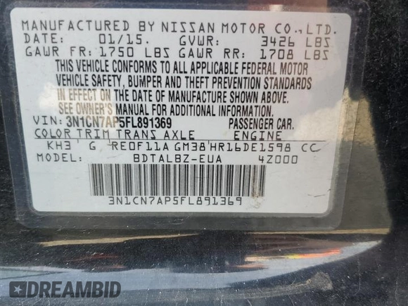 2015 Nissan Versa SV z VIN 3N1CN7AP5FL891369, wystawiony jako Copart lot #59352585 z przebiegiem 59 951 mil mil oraz Szkoda całkowita • Salvage title. Historia ofert i sprzedaży dostępna na DreamBid. Obrazek 12.