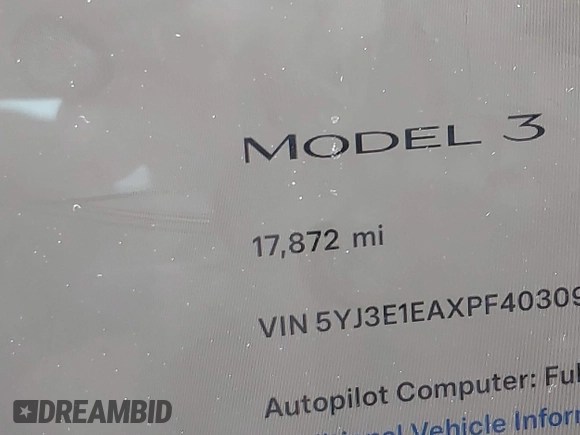 2023 Tesla Model 3 z VIN 5YJ3E1EAXPF403095, wystawiony jako IAAI lot #42151764 z przebiegiem 17 872 mil mil oraz . Historia ofert i sprzedaży dostępna na DreamBid. Obrazek 15.
