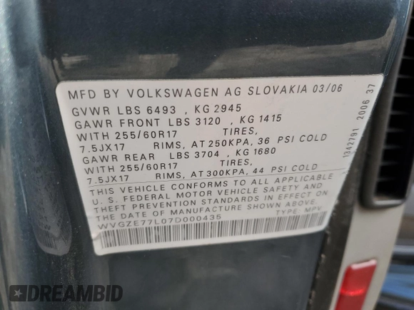 2007 Volkswagen Touareg V6 with VIN WVGZE77L07D000435, listed as a Copart auction lot 85979004 with Not Provided miles and Clean Title. Bid and sale history available at DreamBid. Image 12.
