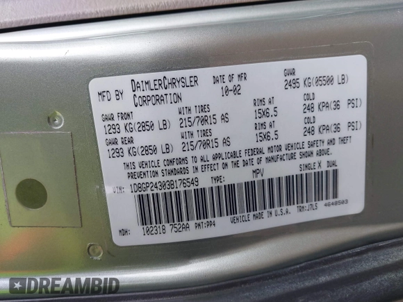 2003 Dodge Grand Caravan with VIN 1D8GP24303B176549, listed as a IAAI auction lot 41716076 with 126,422 mi miles and . Bid and sale history available at DreamBid. Image 9.