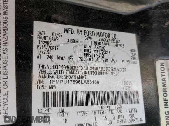 2006 Ford Expedition Eddie Bauer z VIN 1FMPU17596LA63188, wystawiony jako Copart lot #48068705 z przebiegiem 259 191 mil mil oraz Szkoda całkowita • Salvage title. Historia ofert i sprzedaży dostępna na DreamBid. Obrazek 13.