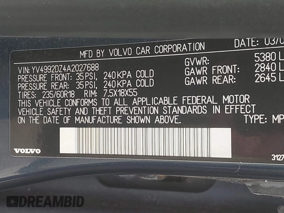 2010 Volvo XC60 3.0T with VIN YV4992DZ4A2027688, listed as a IAAI auction lot 42357112 with 201,222 mi miles and . Bid and sale history available at DreamBid. Image 9.