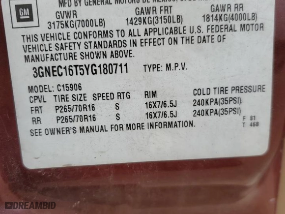 2000 Chevrolet Suburban LS with VIN 3GNEC16T5YG180711, listed as a Copart auction lot 44762755 with 176,855 mi miles and Salvage Title. Bid and sale history available at carsss.com. Image 13.