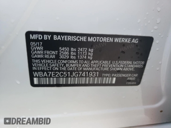 2018 BMW 7 Series 740i with VIN WBA7E2C51JG741931, listed as a Copart auction lot 76929173 with 63,169 mi miles. Bid and sale history available at carsss.com. Image 13.