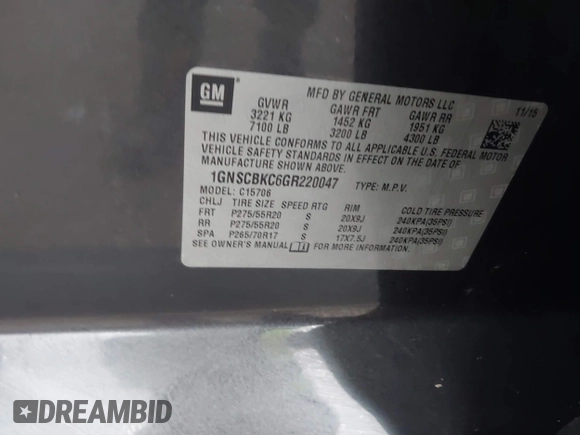 2016 Chevrolet Tahoe LT with VIN 1GNSCBKC6GR220047, listed as a IAAI auction lot 42198614 with Not provided miles and . Bid and sale history available at DreamBid. Image 9.