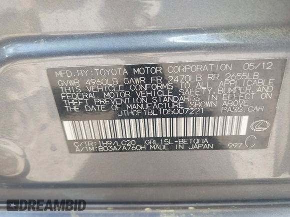 2013 Lexus GS 350 z VIN JTHCE1BL1D5007221, wystawiony jako IAAI lot #42173592 z przebiegiem 139 488 mil mil oraz . Historia ofert i sprzedaży dostępna na DreamBid. Obrazek 9.