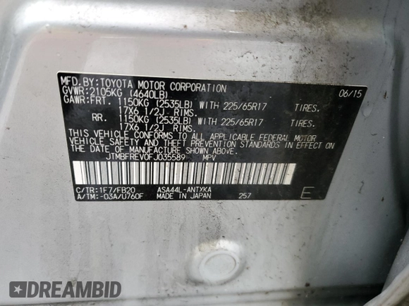 2015 Toyota RAV4 LE with VIN JTMBFREV0FJ035589, listed as a Copart auction lot 50051385 with 136,360 mi miles and Salvage Title. Bid and sale history available at DreamBid. Image 13.