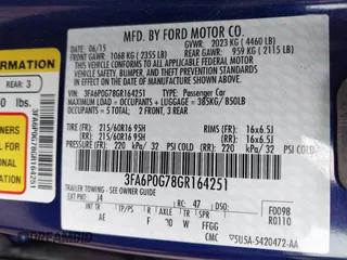 2016 Ford Fusion S with VIN 3FA6P0G78GR164251, listed as a IAAI auction lot 42432645 with 134,175 mi miles and . Bid and sale history available at DreamBid. Image 9.