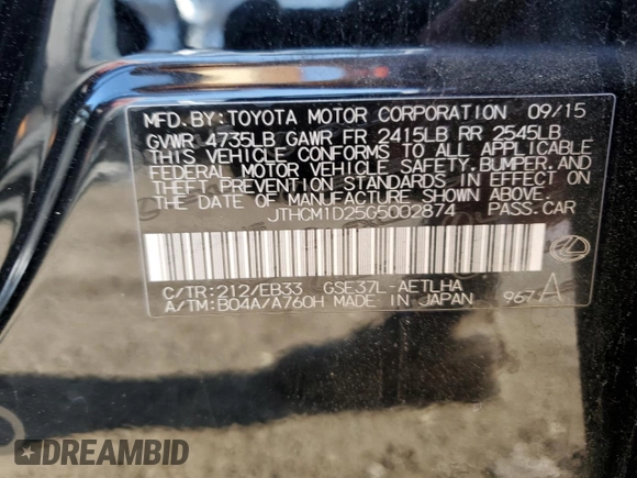2016 Lexus IS 300/350 with VIN JTHCM1D25G5002874, listed as a Copart auction lot 58462865 with 151,635 mi miles and Salvage title. Bid and sale history available at DreamBid. Image 13.