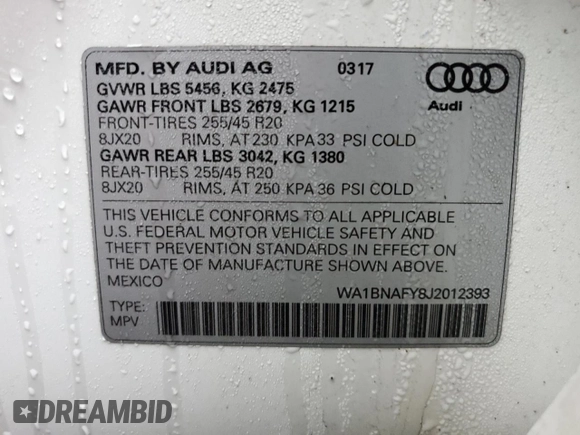 2018 Audi Q5 Premium Plus with VIN WA1BNAFY8J2012393, listed as a Copart auction lot 68498832 with 0 mi miles. Bid and sale history available at carsss.com. Image 13.