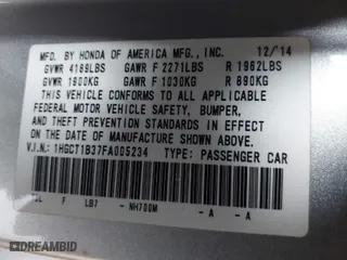 2015 Honda Accord Coupe LX-S with VIN 1HGCT1B37FA005234, listed as a IAAI auction lot 41547605 with 184,827 mi miles. Bid and sale history available at carsss.com. Image 9.