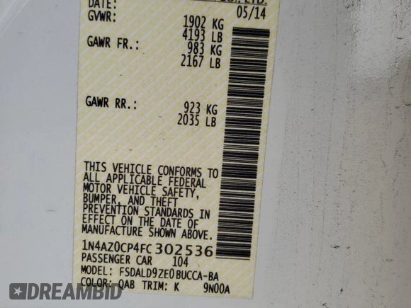 2015 Nissan LEAF S z VIN 1N4AZ0CP4FC302536, wystawiony jako Copart lot #56734025 z przebiegiem 55 940 mil mil oraz Szkoda całkowita • Salvage title. Historia ofert i sprzedaży dostępna na DreamBid. Obrazek 12.