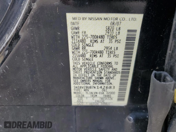 2007 Nissan Quest S with VIN 5N1BV28U87N142683, listed as a Copart auction lot 73295104 with 196,017 mi miles and Salvage Title. Bid and sale history available at carsss.com. Image 13.