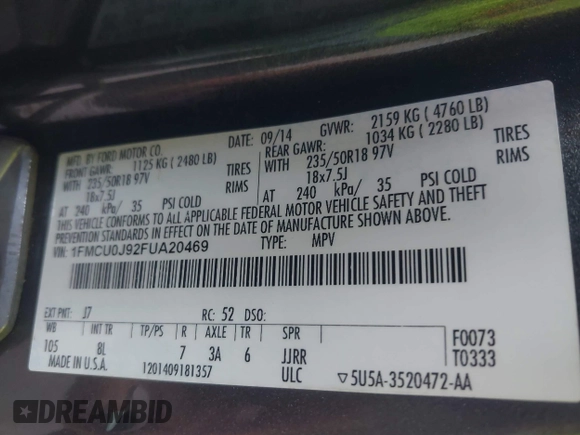 2015 Ford Escape Titanium with VIN 1FMCU0J92FUA20469, listed as a IAAI auction lot 42510293 with 161,466 mi miles and . Bid and sale history available at DreamBid. Image 9.