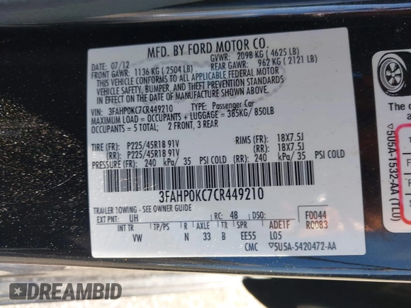 2012 Ford Fusion SPORT with VIN 3FAHP0KC7CR449210, listed as a IAAI auction lot 41722058 with 153,834 mi miles. Bid and sale history available at carsss.com. Image 9.