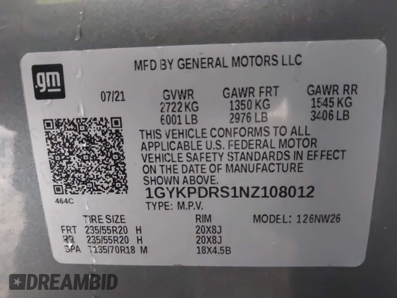 2022 Cadillac XT6 Premium Luxury z VIN 1GYKPDRS1NZ108012, wystawiony jako IAAI lot #41178333 z przebiegiem 83 987 mil mil oraz . Historia ofert i sprzedaży dostępna na DreamBid. Obrazek 9.