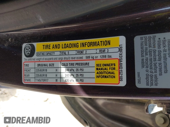 2017 Buick Envision Essence with VIN LRBFXDSA4HD152109, listed as a IAAI auction lot 41718708 with 134,784 mi miles and . Bid and sale history available at carsss.com. Image 9.