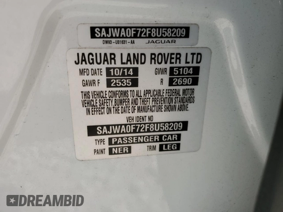 2015 Jaguar XF V6 Portfolio with VIN SAJWA0F72F8U58209, listed as a Copart auction lot 43774645 with Not Provided miles and Clean Title. Bid and sale history available at carsss.com. Image 13.