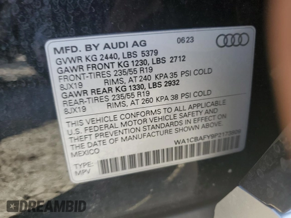 2023 Audi Q5 Prestige with VIN WA1CBAFY9P2173809, listed as a Copart auction lot 88768375 with 0 mi miles and Clean Title. Bid and sale history available at carsss.com. Image 13.