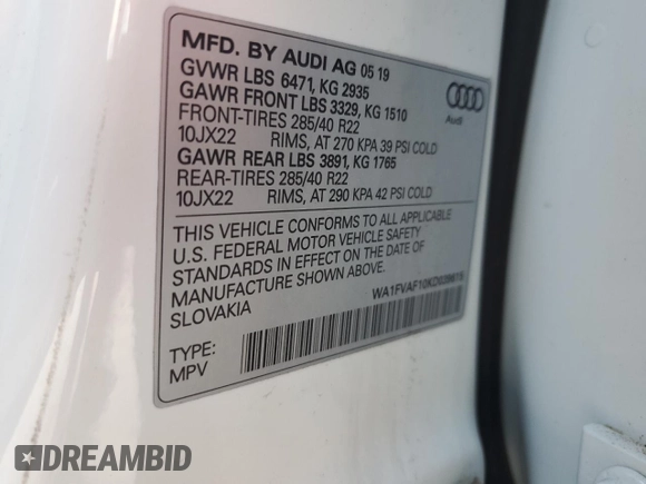 2019 Audi Q8 Prestige z VIN WA1FVAF10KD039615, wystawiony jako Copart lot #55595305 z przebiegiem 67 324 mil mil oraz Szkoda całkowita • Salvage title. Historia ofert i sprzedaży dostępna na DreamBid. Obrazek 12.