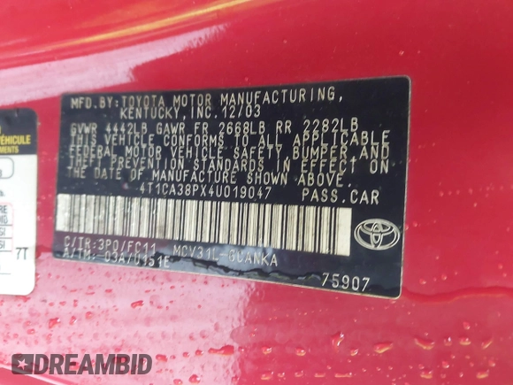 2004 Toyota Solara SE with VIN 4T1CA38PX4U019047, listed as a IAAI auction lot 42356780 with 223,799 mi miles and . Bid and sale history available at DreamBid. Image 9.